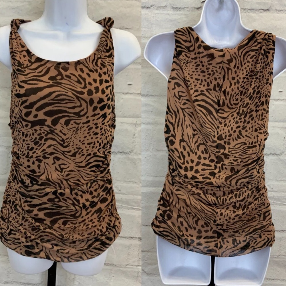 NWOT Jane + Delancey Ruched Mesh Animal Print Sleeveless Blouse